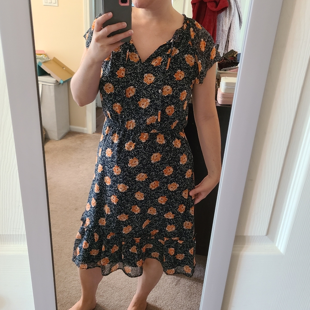 LOFT Outlet Midi Dress Navy with Salmon Colored Flowers